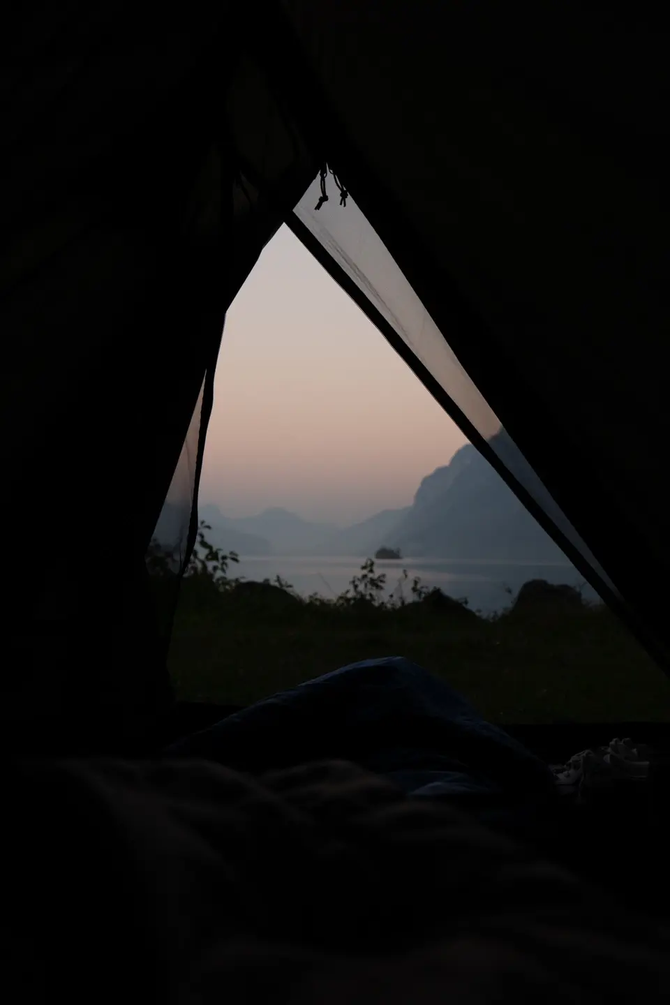 view of a lake in a tent